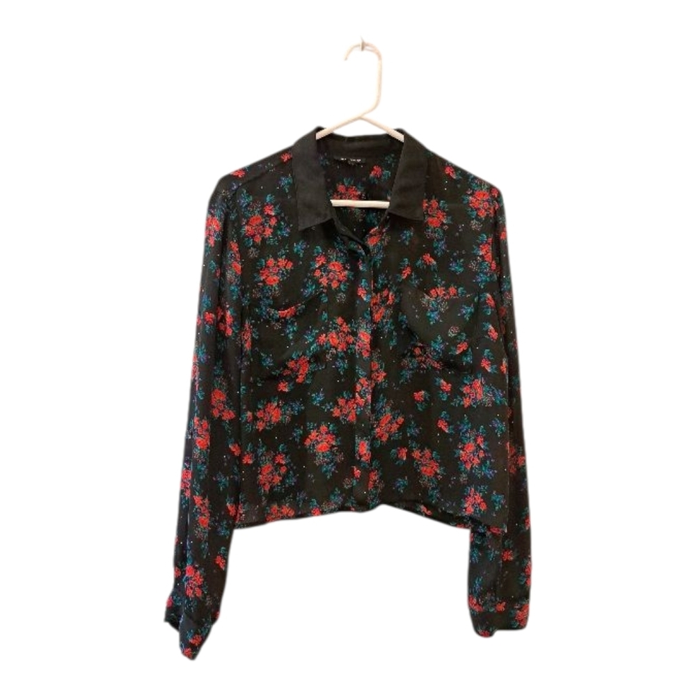 I love Ronson floral top blouse Black and Red Top button down size XL
